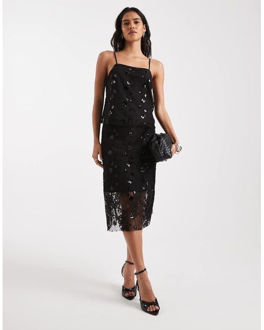 ONLY Black Sequin Embroidery Details Sheer Midi Skirt Co-Ord
