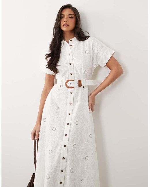 Forever New Natural Short Sleeve Broderie Shirt Belt Detail Midi Dress
