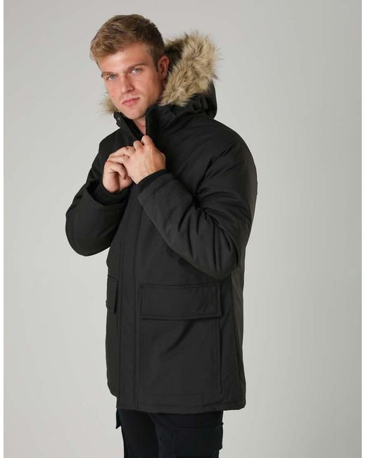 French Connection Black Faux Fur Hooded Parka Longline Zip-Through Jacket for men
