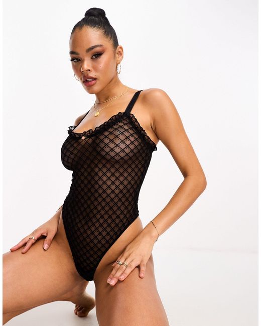 We Are We Wear Brown Flock Mesh Bodysuit With Ruffle Trim Detail