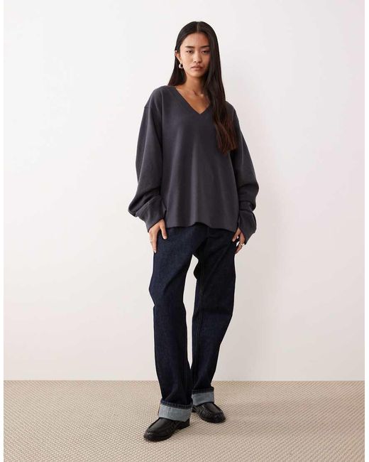 ASOS Blue Supersoft Ruched Sleeve V Neck Jumper