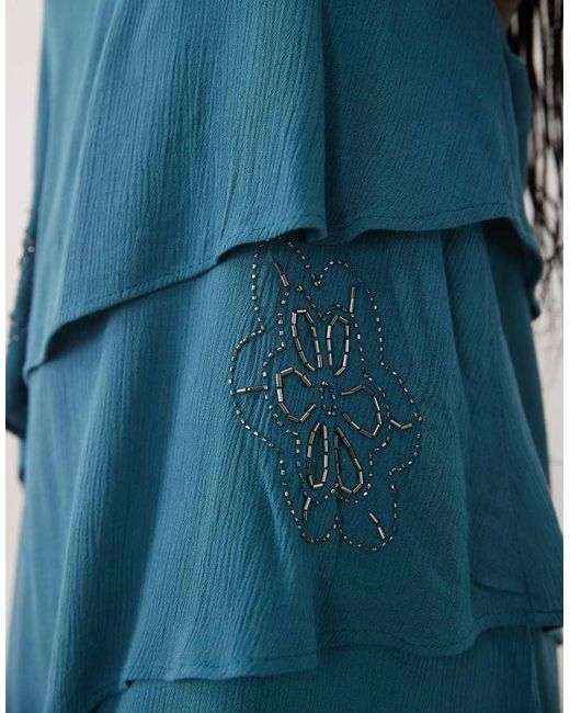 Mango Blue Teen Tiered Round Neck Beaded Mini Dress