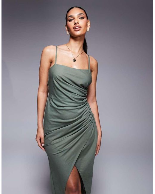 ASOS Green Linen Look Drapey Cami Midaxi Dress With Channeled Cut Out Detail