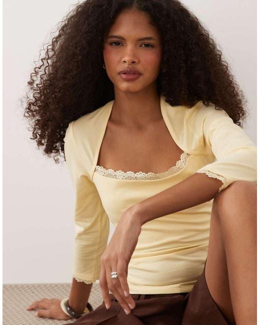 ASOS Brown 3/4 Sleeve Square Neck Top With Lace Hem
