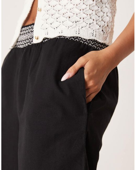 ASOS Black Linen Blend Pull On Wide Leg Trousers With Shirred Waist Detail