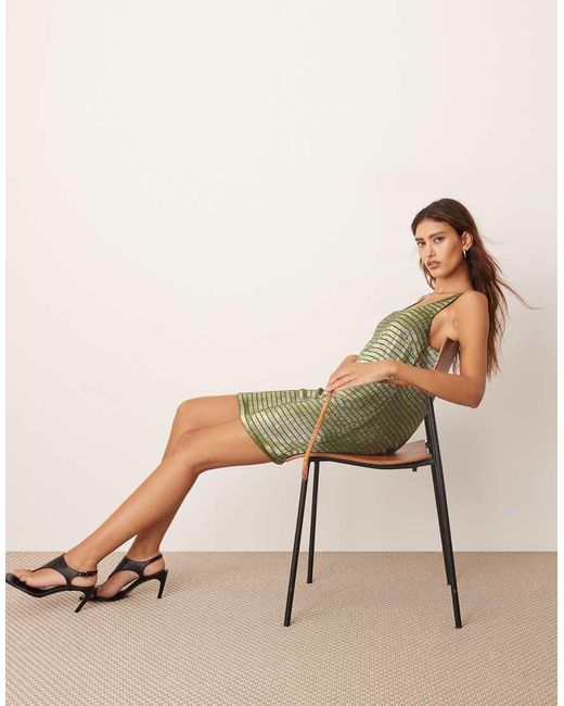 ARRANGE Green Embellished Beaded Square Neck Shift Mini Dress