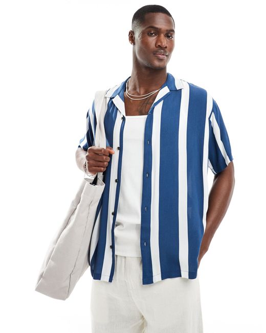 Camicia blu a righe verticali con colletto con rever di Jack & Jones in White da Uomo
