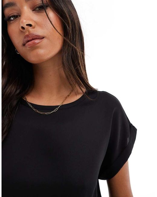 Vila Black Satin Front T-shirt With Turn Up Sleeve