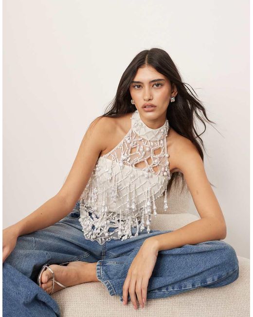 ARRANGE Blue Embellished Encrusted Pearl Asymmetric Halter Top
