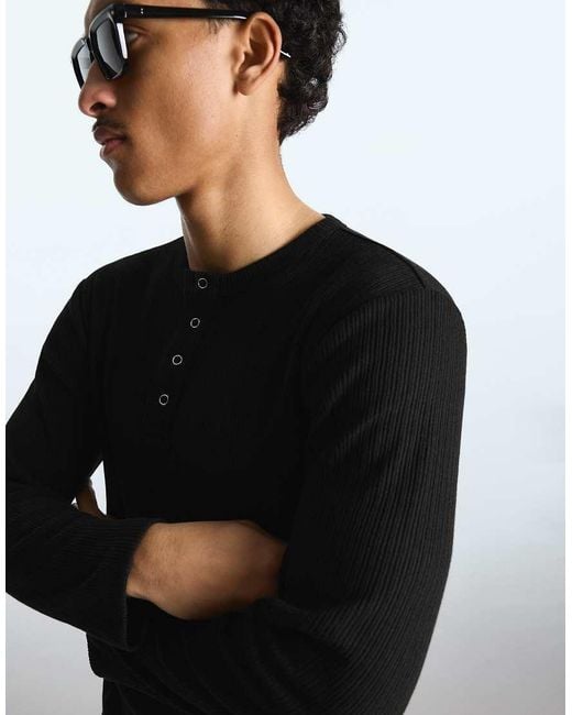 Bershka Black Long-sleeve Slim-fit Henley Collar T-shirt for men