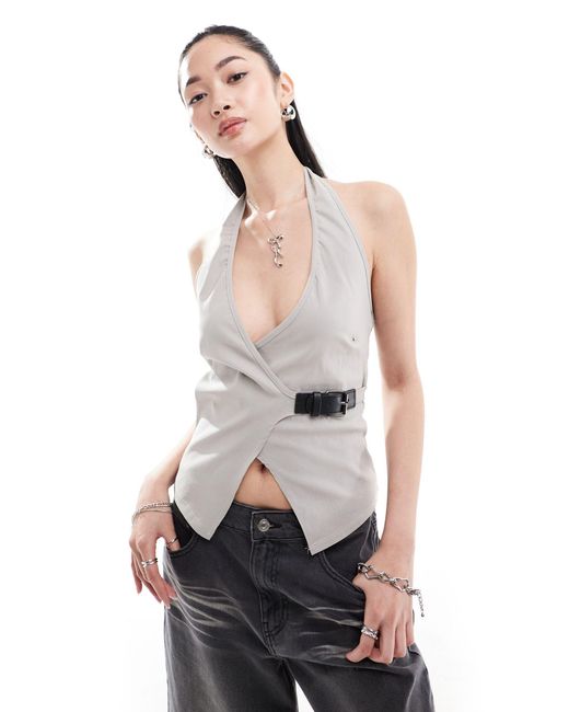 Collusion White Structured Halter Vest With Buckle Detail