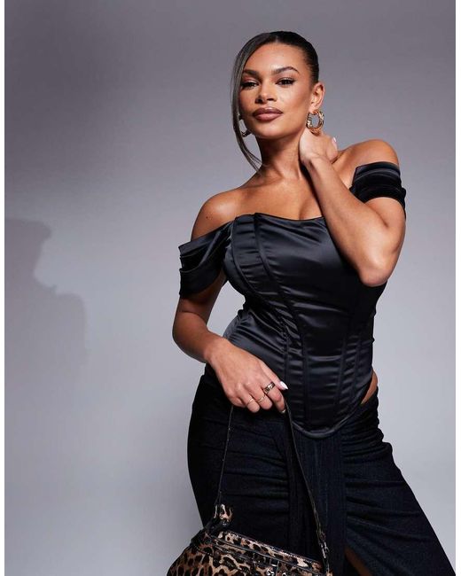 Taideux Black Fuller Bust Regina Satin Off Shoulder Boned Corset Top