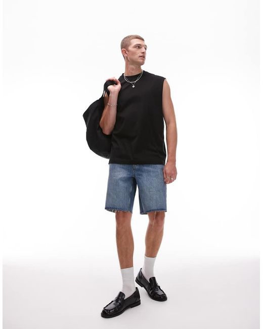Topman Black Denim Straight Leg Shorts With Raw Hem for men