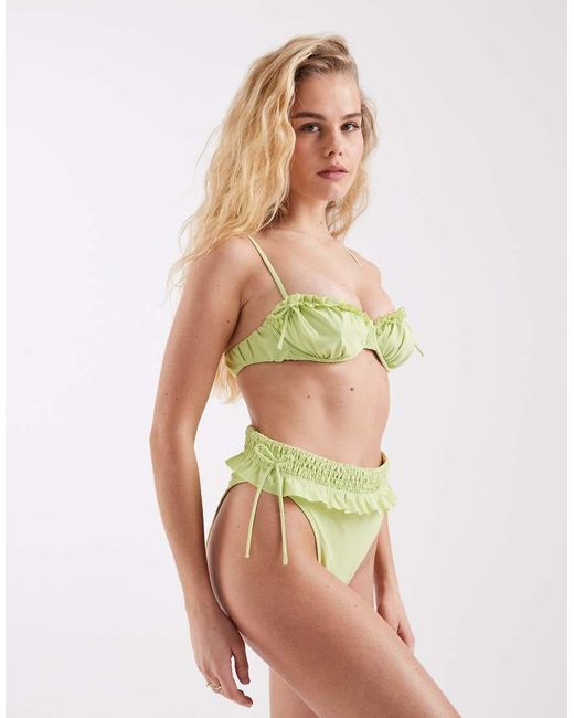 ASOS Green Butter Ruched Underwired Bikini Top With Frill Detail