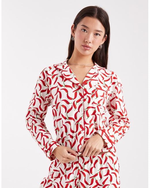 Wednesday's Girl Red – pyjama mit chili-muster, bestehend aus langärmligem hemd und hose