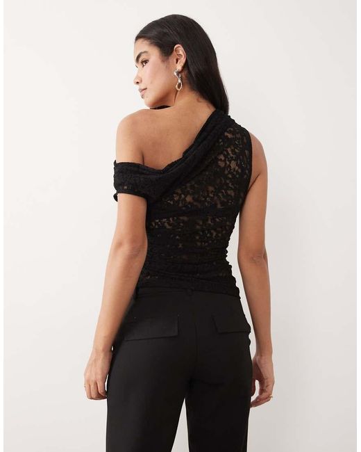 ASOS Black Sheer Lace Ruched Asym Top