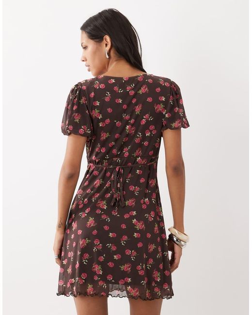 New Look Brown V Neck Mesh Mini Dress