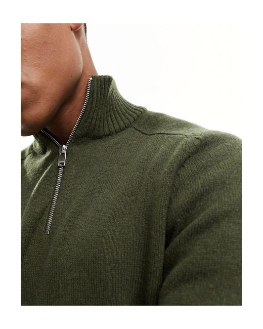 SELECTED Green Wool Mix High Neck 3/4 Zip Jumper for men