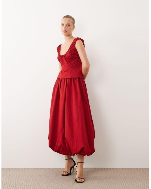 ASOS Red Structu Ruched Curve Neck Peplum Midi Dress