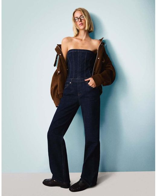 Bershka Blue Denim Bandeau Jumpsuit