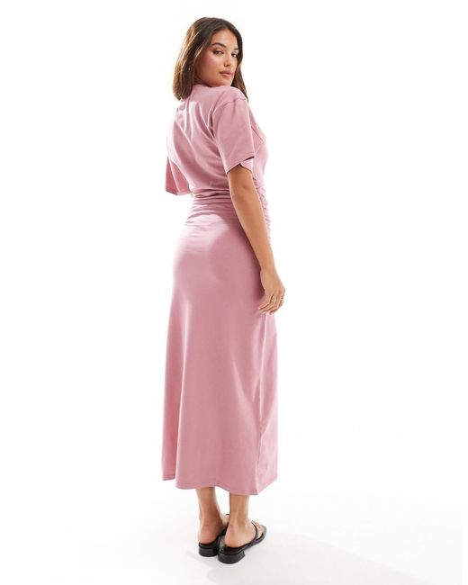 ASOS Pink Crew Neck Midi T-shirt Dress With Ruched Side