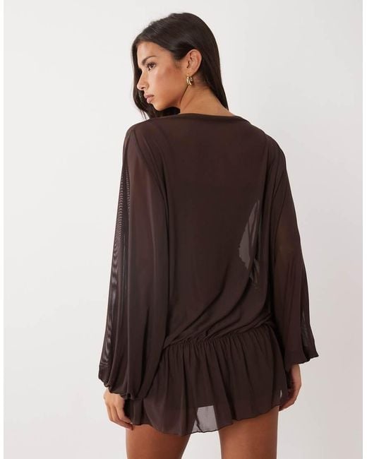 ASOS Brown Mesh Blouson Drape Mini Dress