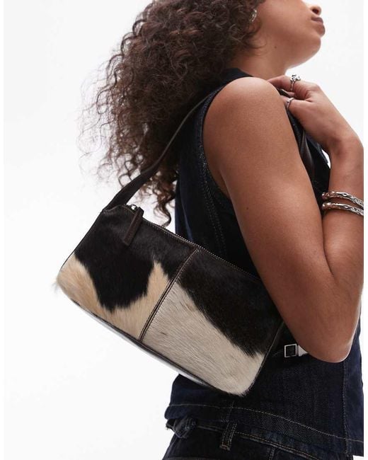 Mango Black Cow Print Leather Shoulder Bag