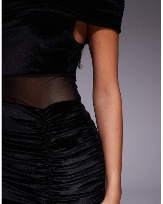 Kaiia Blue Exclusive Velvet Bardot Mesh Insert Ruched Skirt Detail Mini Dress