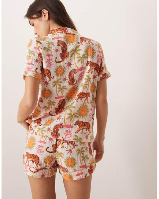 Chelsea Peers Brown Fiesta Siesta All Over Print V-neck Button Up Short Nightwear Set