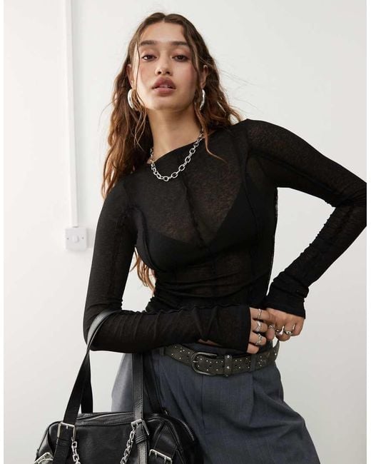 Weekday Black Lora Semi Sheer Long Sleeve Top With Reversed Seams