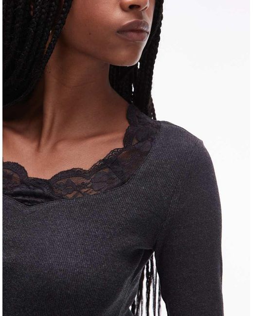 ASOS Black Sweetheart Lace Trim Rib Long Sleeve Top