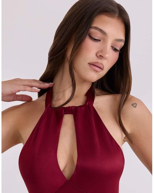 House Of Cb Red Oliviana Wine Satin Halter Maxi Dress