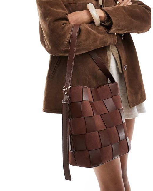 ASOS Brown Faux Suede And Faux Leather Weave Bucket Tote Bag
