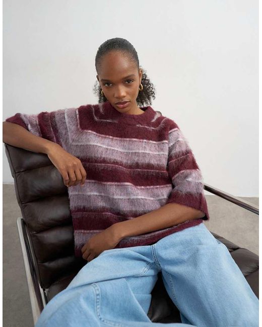 TOPSHOP Purple Knitted Half Sleeve Stripey T-shirt