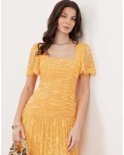 Maya Metallic Square Neck Angel Sleeve Lace Midaxi Dress