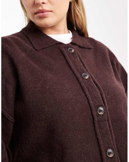 ASOS Brown Asos Design Curve Knitted Collar Shirt Cardigan With Seam Detail