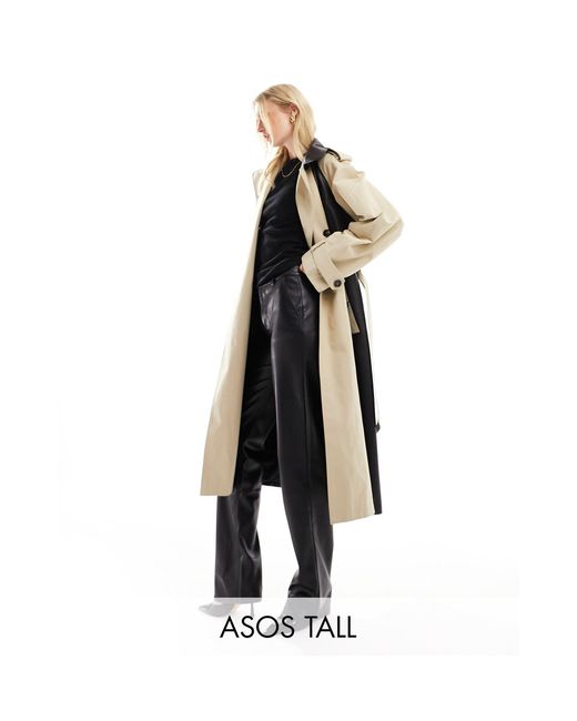 ASOS White Asos Design Tall Faux Leather Spliced Trench Coat