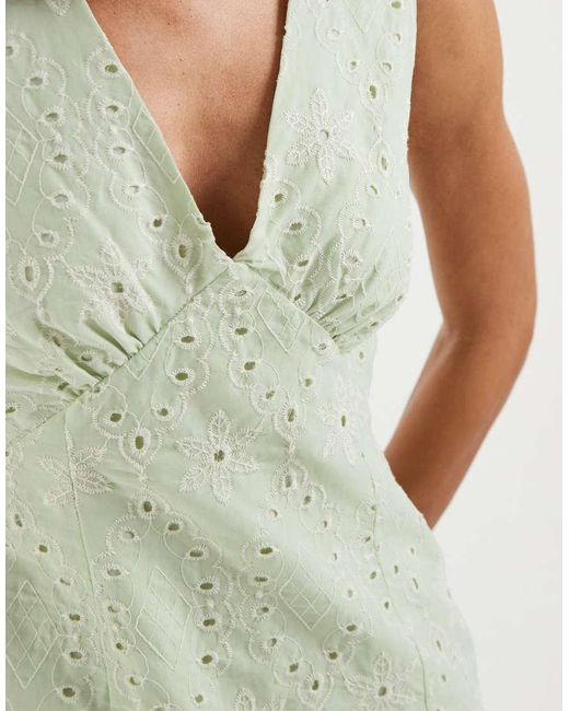 Vero Moda Green Cotton Broderie V Neck Mini Dress