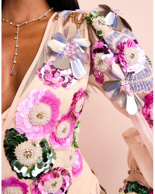 ASOS Pink – transparentes minikleid mit v-ausschnitt und verzierten, platzierten rosa blumendetails