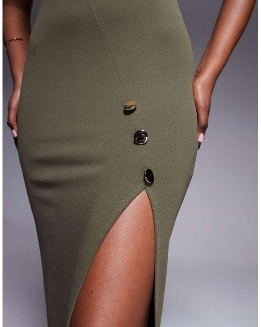 ASOS Hoogsluitende Maxi Kokerjurk Van Scubastof Met Korte Mouwen, Grote Gouden Knopen En Split in het Gray