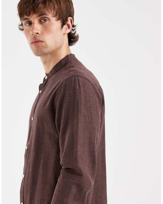 Only & Sons Brown Linen Mix Grandad Collar Shirt for men
