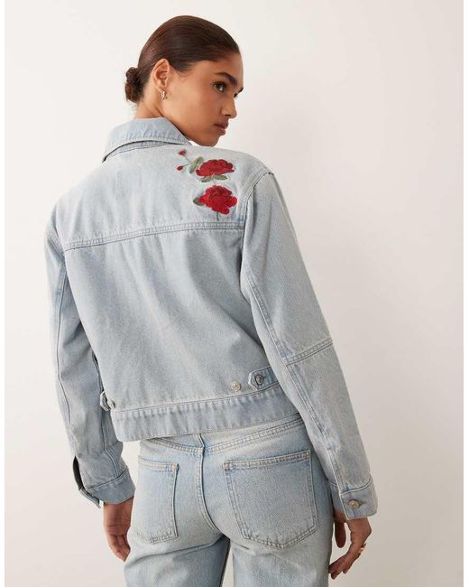 Abercrombie & Fitch Gray Denim Jacket With Floral Embroidery