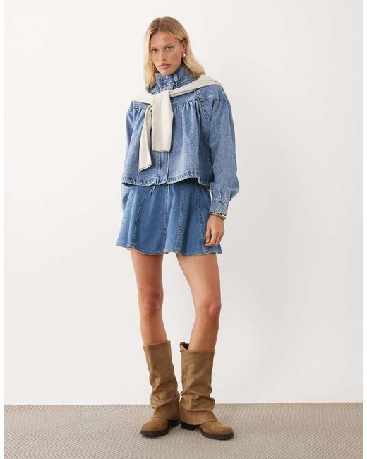 ASOS Blue Denim Funnel Neck Jacket With Bubble Hem Detail