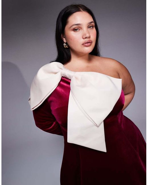 ASOS Red Curve One Shoulder Velvet Mini Dress With Bow Detail
