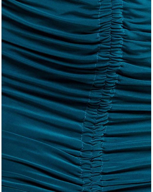 Goddiva Blue Asymmetrical Neck Ruched Midi Dress
