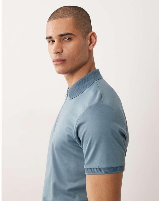 SELECTED Blue Half Zip Polo Shirt for men