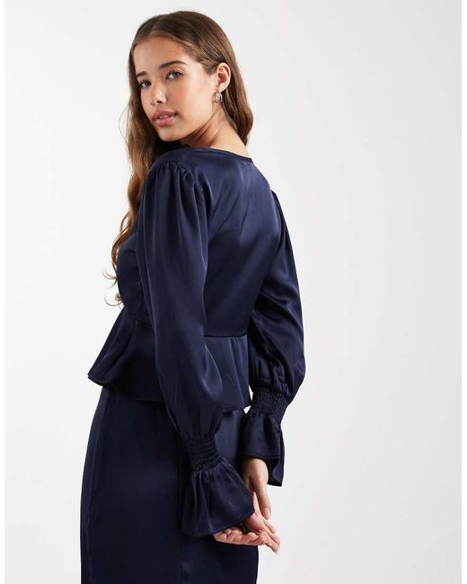 Wednesday's Girl Blue Long Sleeve Satin Lace Detailed Blouse