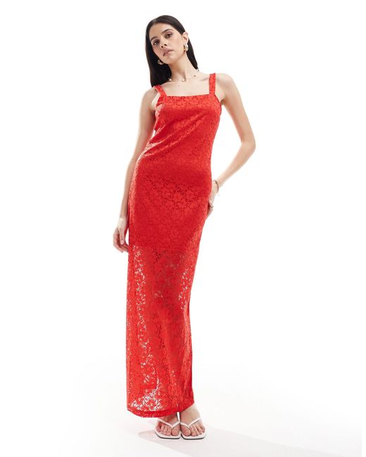 Y.A.S Red Lace Maxi Dress With Slit Back