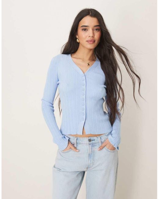 ASOS Blue Button Front V Neck Ribbed Cardigan With Frill