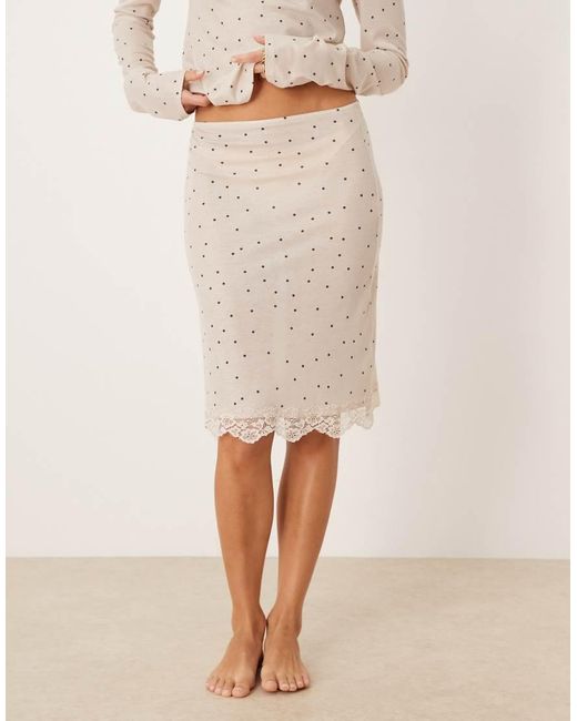 ASOS Natural Honey Slinky Polka Dot Midi Skirt With Lace Trim